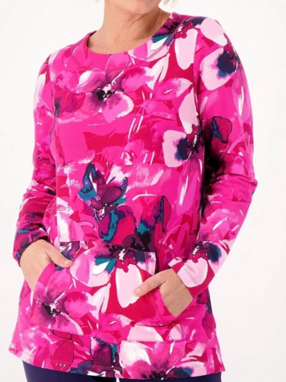 Sport Savvy Size M All Day French Terry Floral Abstract Tunic Top w/  Pocket